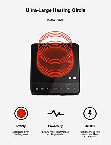 Portable Induction Cooktop, Deik 1800W Full Color Touchscreen Interface Induction Cooker with 10 Temperature & 15 Power Level Settings, Induction Burner with Timer, and Child Safety Lock, Black - Thumbnail 4