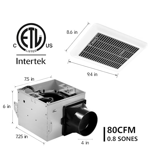 Extractor para baño con luz LED, 80 CFM, 1,5 sones, montaje en techo, diseño moderno negro, certificado ETL miniatura 2