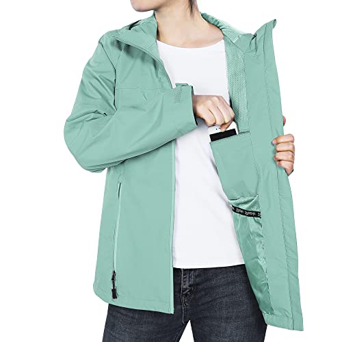 33,000ft Regenjacke Damen Wasserdicht Outdoorjacke Atmungsaktiv Herbst Übergangsjacke Leichte Jacke mit Kapuze Windbreaker zum Wandern Reisen Treking Fahrrad Mintgrün 40