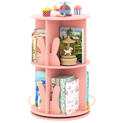 HONEY JOY Rotating Bookshelf, Cute 2-Tier Kids Bookcase with Bunny/Bear Bookends & 8 Compartments, 360° Spinning Floor Book Stand, 65 CM Corner Toddler Book Rack for Kid's Room, Play Room, Pink