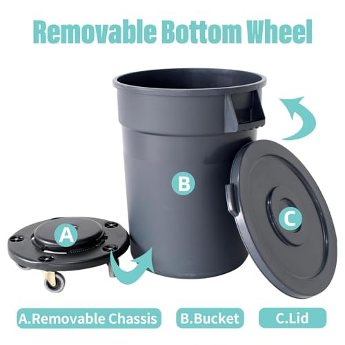 Large Capacity Outdoor Trash Can with Lid - Rolling Garbage Bin with Removable Wheels for Patio, Backyard, Garage, Restaurant, Outdoor Use, Durable, Easy Mobility