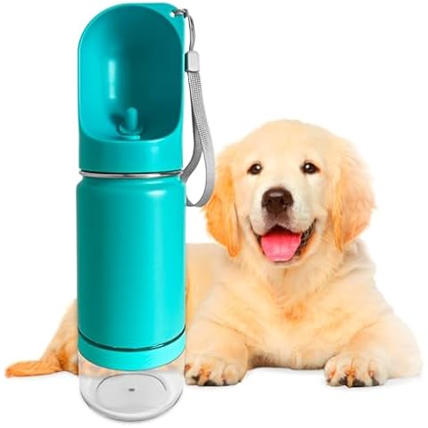 Portable Dog Water Bottle with Feeder, Portable Pet Drinker and Feeder - 2 in 1 Pet Bottle (Green, 350ml) Cover