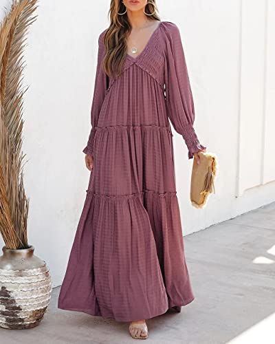 R.Vivimos Maxi Dress for Women Long Sleeve V Neck Empire Waist Layered Ruffle Boho Casual Flowy Long Dresses4