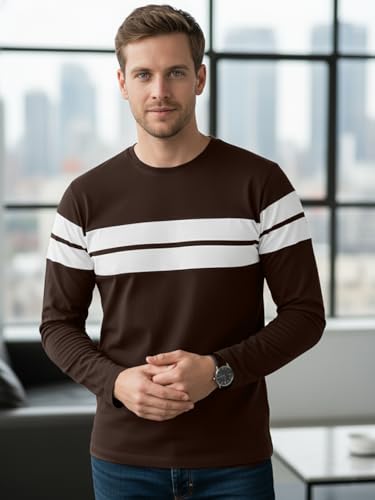 Image of LEOTUDE Stylist Regular fit Full Sleeve Cottonblend Solid Round Neck Tshirt for Man (Color Brown)