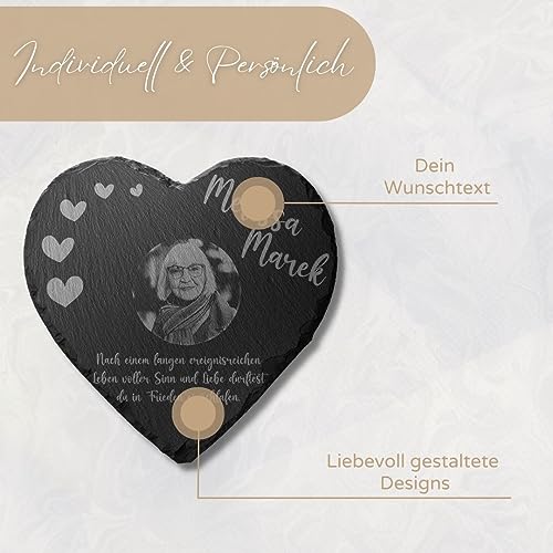 Grabplatte Grabstein Herz aus Schiefer mit Bild Gravur für Menschen bis 25x25 cm - Großer Gedenkstein mit Foto & vielen Motiven - Gravierte Gedenktafel als Grabschmuck Grabdeko personalisiert