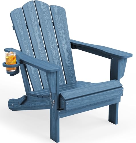 KINGYES Folding Adirondack Chair, HDPE All-Weather Patio Chairs with Cup Holder, Wooden Textured Fire Pit Chairs Recliner for Poolside, Backyard, Deck, Navy