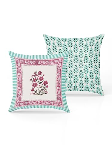 Image of BLOCKS OF INDIA Hand Block Printed Cotton Cushion Cover (16 X 16 Inches) (Cushion 5), 300 TC, Green