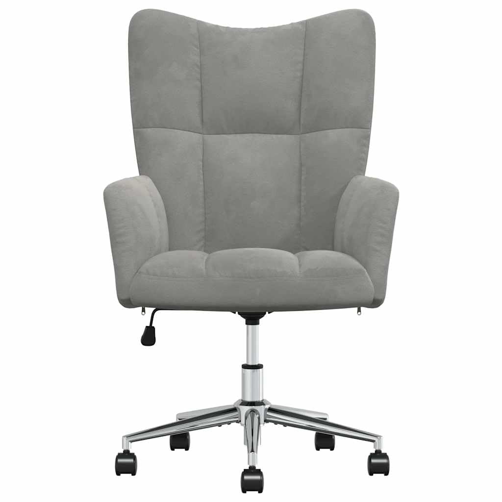 Fotel relaksacyjny, jasnoszary, aksamitny, z obrotowym siedziskiem i kółkami, z regulacją wysokości za pomocą sprężyny gazowej, ergonomiczny fotel do salonu, biura i kącika do czytania