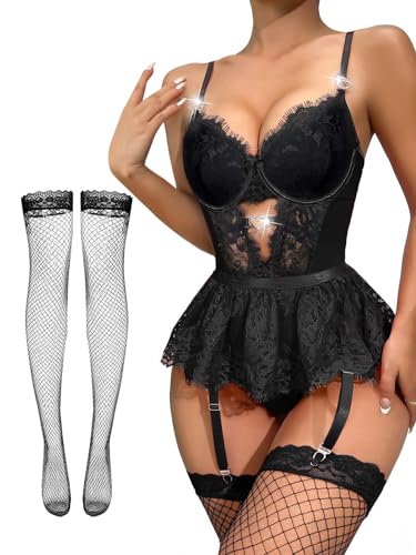 Image of Alrovetoney Women Lingerie Set Naughty Lace Bodysuit High Waisted Underwire Lingerie Babydoll With Garter Belt and Stockings