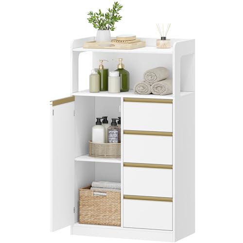 HEXCELEN Badezimmerschrank, Küchenschrank, Aufbewahrungsschrank mit 4 Schubladen und Offenem Regal, Badschrank Hoch, Verstellbare Ablage, für Badezimmer, Wohnzimmer, Weiß-Gold, 30 x 60 x 110 cm