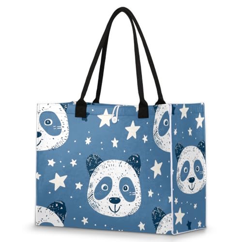 Winter Panda Stars Tote Bag for Women Large Beach Bag Reusable Tote Bags for Work Travel Beach Shopping