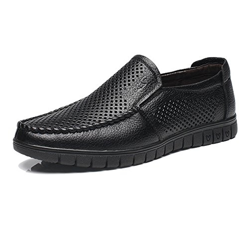 Classic Men's Shoes Genuine Leather Slip-on Flat Soft Sole Loafer (Perforation Optional)(Perforation BK,10 M US)