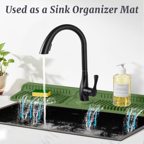 Image of PoYang 24 inch Faucet Mat for Kitchen Sink Splash Guard, 7 Slope Silicone Sink Water Splash Guard for Kitchen Sink Area with Snap, Longer Sink Protectors for kitchen Sink Sponge Holder, Avocado Green