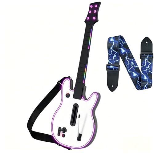 Image of Lyvix Wireless Guitar Hero Controller with RGB Lighting, Compatible with PS4 /PS3 /PC, Supports Guitar Hero 3 /4 /5, Rock Band 1 /2, Clone Hero, Fortnite Festival, Lightning Strap & Audio Jack - White Lightning