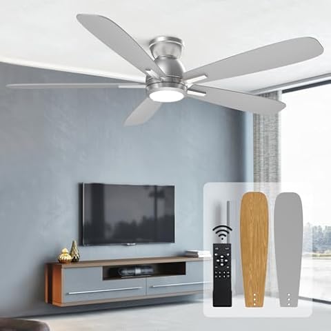 JINIU Ceiling Fans with Lights, 52 inch Flush Mount Ceiling Fan with Remote Control, 5 Blades, Reversible, Innovative Stepless dimming and Color Temperature, Ceiling Fan for Living Room, Bedroom Cover