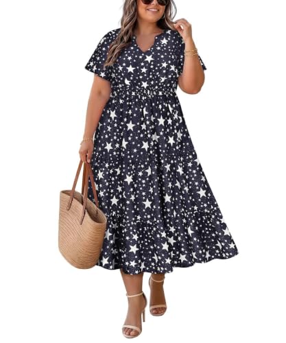 Image of TIYOMI Women Plus Size Dress Boho V Neck Short Sleeve Beach Maxi Dresses Floral /Stripe /Leaves /Lemon XL-5XL