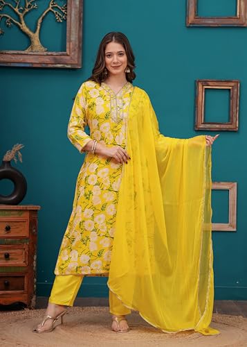 Image of MANHAREE | Women's Rayon Printed Straight Kurta with Pant & Dupatta Set