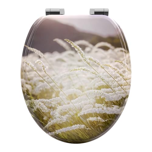 WOLTU Toilet Seat, O-Shaped Loo Seat with Soft Close and Quick Release Functions, with Adjustable Hinges, Upgraded Mounting Set for Different Types of Toilets, Reeds Pattern