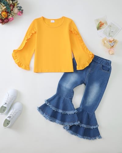 Toddler Girl Clothes Kids Little Girl Fall Outfit Ruffle Long Sleeve Shirt Flare Denim Jeans Pants Winter Clothing Set2