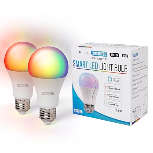 SMARTSPEC Smart Bulb 2 Pack, Smart WiFi LED Light. Works with Amazon Alexa, Google Home, Apple Home. Colour Changeable. Multicolour Smart Light Bulb NUUK-A60 ACK Matter E27