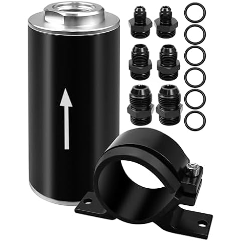 10 Micron Inline Fuel Filter with 50mm Mounting Bracket and 6AN 8AN 10AN Adapter for Gasoline Diesel E85 Ethanol Fuel (Black) Cover