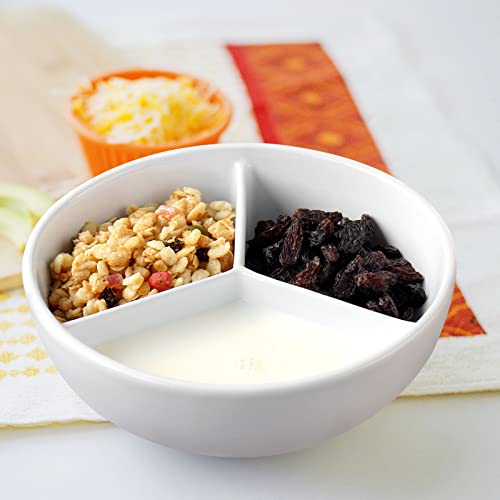 Cinf® Keramik Müslischale, weiß, 3 geteilt, Müslischale getrennt, unzerbrechliches Melamin, zweiseitige Schüssel, Anti-Soggy, separat, ideal für Snacks und Salsa Mikrowelle Sichere Cover