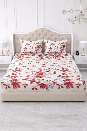 Image of 300 TC Cotton Feel Glace Cotton Elastic Fitted Bedsheet for King Size Double Bed | Fits up to 8 Inch Mattress | Printed Bedsheet with 2 Pillow Covers (White, Double Size - 72 inchx72 inch)