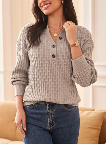 Dokotoo Womens Sweaters 2025 Casual Long Sleeve Henley Shirts V Neck Textured Button Fall Sweater Loose Fit Jumper Tops4