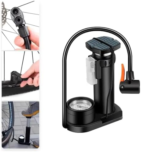 Bomba De Ar Com Manômetro Medidor, Suporte de Pé, Fácil e Rápido, Ideal Para Encher Pneu, Colchão, Bola, Carro, Moto, Bicicleta, Material Em Aluminio, Bico de Enchimento Duplo, Portátil e Resistente