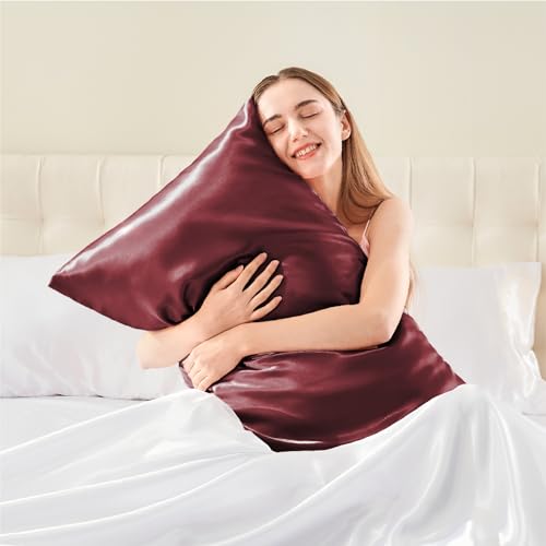 BEDELITE Satin Pillowcase with Zipper 2 Pack, Burgundy Pillow Cases Standard Size, Super Soft and Cooling Similar to Silk Pillow Cases, Gift for Women Men(20x26 Inches)