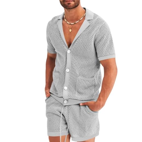 TURHAN Conjunto De Chándal De Verano para Hombre, Camiseta De Manga Corta De Punto Calado De Malla y Pantalones Cortos Conjunto De 2 Piezas Trajes De Playa Gray,M