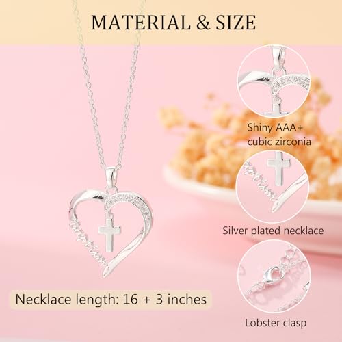 Baptism First Communion Confirmation Cross Heart Necklace for Girls Women Christian Religious Catholic Jewelry Gifts 16+3 Inches4