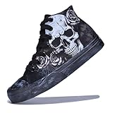 GXZUORUI Gothic Skull Shoes for Women Fashion Sneakers Men's Hand-Painted Graffiti Shoes Punk Cosplay Hip Hop Teen Boys Girls Student Casual Walking Streetwear (Black Skull, Adult, Women, 12, Numeric, US Footwear Size System, Wide)