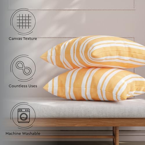 Image of Encasa XO Farmhouse Throw Pillow Covers Set of 2 (24x24 in) Franca Yellow Stripes | Decorative Cushion Covers No Inserts | Plaid and Stripes Pillow Covers for Living Room, Couch