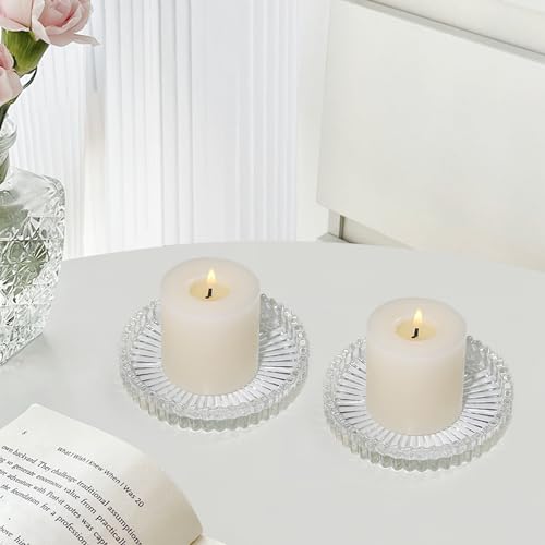 Vixdonos 3.8 Inch Glass Pillar Candle Holder Set Pack 2 Gear Round Plate Serrated Candle Stand For Table Centerpieces,Party thumb #2
