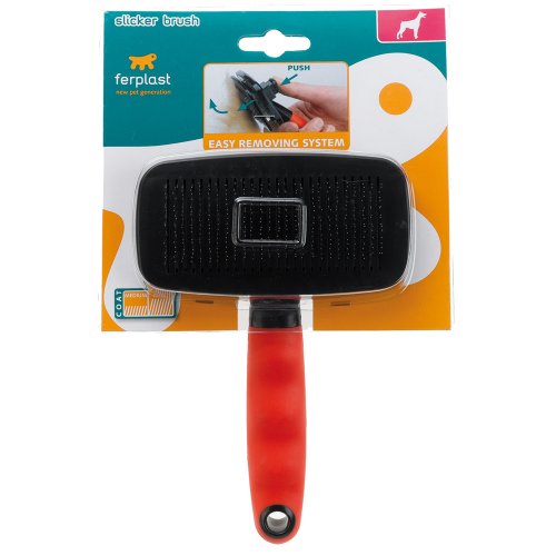 Ferplast Gro 5955, Rasqueadeira para Cães, Vermelha, com Cerdas Metálicas e Botão de Remoção de Pelo