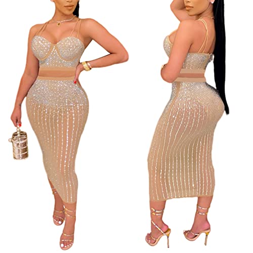 Porrcey Women's Sexy Hot Drilling Craft Dress Spaghetti Straps 2 Piece Bodycon Party Club Night Out Dress(K2383,Beige,M) #TOP2