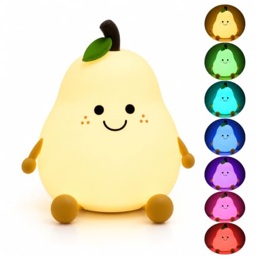 Image of HUMAIZAR KHIZAR Kawaii Pear Silicone Night Light - Cute Rechargeable LED Lamp for Kids Bedroom, Girls Room, Nursery & Bedside Decor