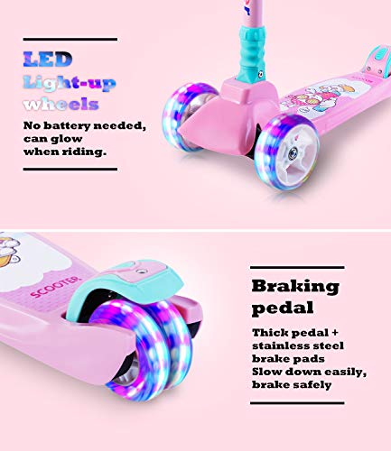 SULIVES Height Adjustable Kick Scooter for Kids with 3 Wheels Best Gifts for Ages 3-5 5-8 6-12 Toddlers Boys Girls(Pink)