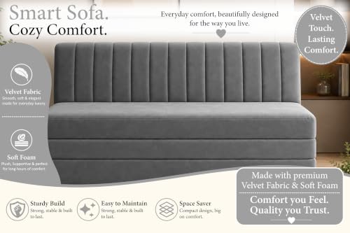 Image of 3-Seater Velvet Sofa Cum Bed | Convertible Sleeper Sofa | Modern Foldable Couch for Living Room, Bedroom & Office | Grey