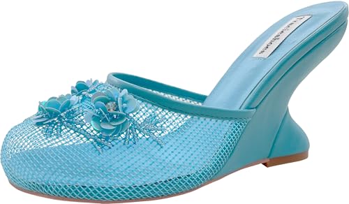 Women's Mesh Mule Slip On Sandals With Floral Sequin Embellishments Round Toe Wedge Heel Slides Slippers 4 Inch