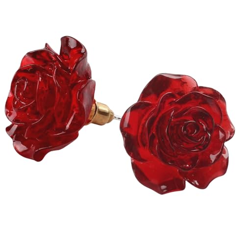 925 Silver rose earrings, beautiful blooming carved Red flowers earrings small resin for female teen mother