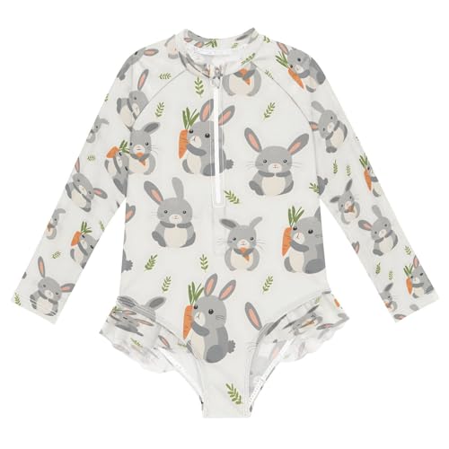 Grey Rabbit Holding Carrot Girls Long Sleeve Swimsuits One Piece Zipper Bathing Suit UPF 50+ Rashguard Swimwear