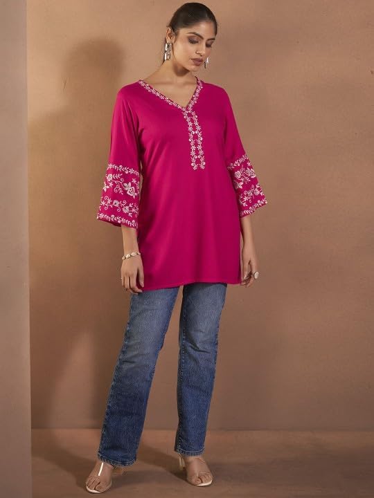 Image of MAHIRA'S Comfort Women's Short Kurti, Rayon Tunic Top with 3 /4 Embroidered Designer Sleeves | Soft Breathable Fabric | Office & Casual Kurti for Jeans, Leggings & Trousers