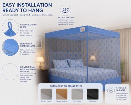 Image of ANS Premium Floral Mosquito Net for Double Size Bed with Cotton Border | 6.5 x 6.5 Ft | Height 5 Ft | Fine Mesh Breathable Fabric | Easy Hanging Box Type Mosquito Net for Family (Sky Blue Floral)