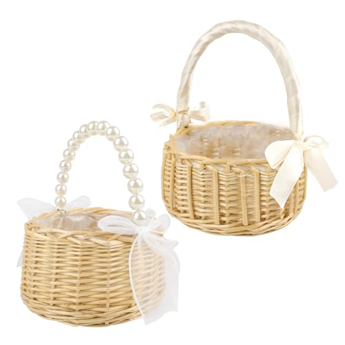 YiYa Cesta de mimbre de ratán para niñas, cesta de flores con asa y lazo, cesta para esparcir para exteriores, pícnic, hogar, boda, aniversario de novia