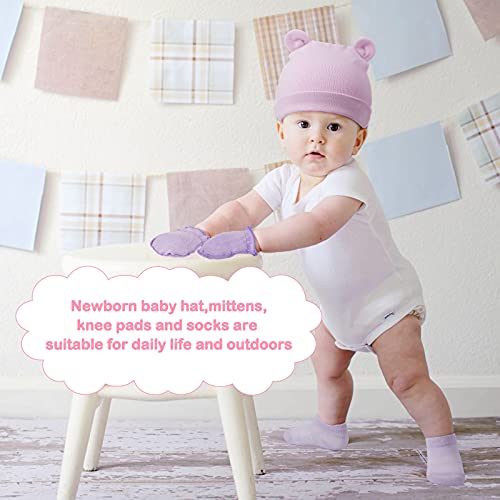 4 Sets Newborn Baby Hat And Mittens Toddler Beanie Cap Non Slip Socks For 0-6 Months (White, Gray, Pink, Purple) #TOP5