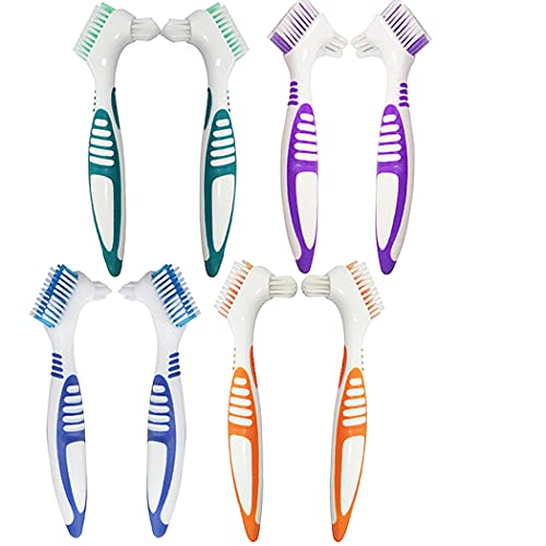 hatisan 8Pcs Denture Cleaning Brush Set, Premium Hygiene Denture Cleaner Set for Denture Care - Multi-Layered Bristles & Ergonomic Rubber Handle(4 Colors)