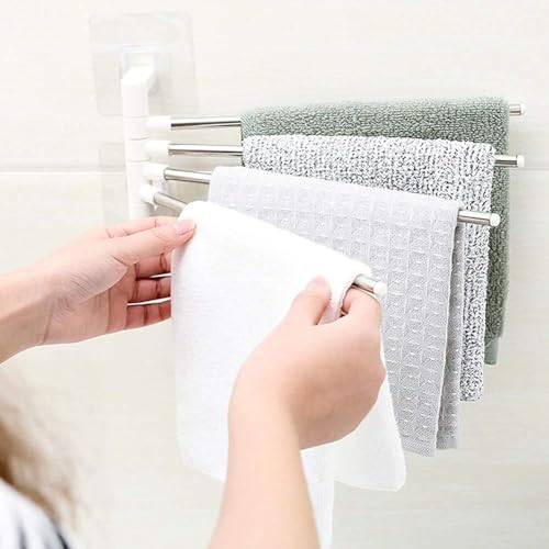 Image of Wall Mounted Adhesive Multi Bar Towel Holder Rack with Rotating Stainless Steel Rods and Side Hook for Bathroom Kitchen Use on Smooth Flat Surfaces (Towel Rack 001)
