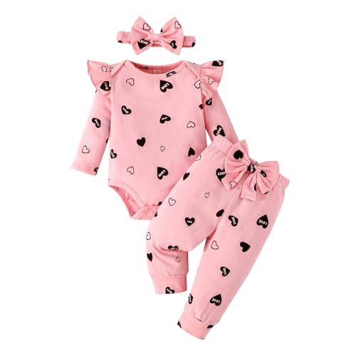 Image of GDTOGRT Newborn Baby Girl Clothes Outfit Set Sweet Ruffle Romper, Pants and Headband 0 3 6 9 12 18 Months Infant Clothing
